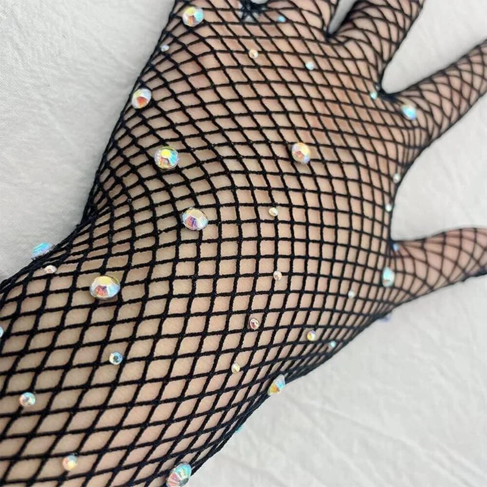 Women's A-Mesh-‌Black Rhinestone Sparkly Elbow Length Gloves Halloween Costumes